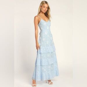 Lulu’s Beaming Babe Light Blue Floral Print Jacquard Tiered Maxi Dress